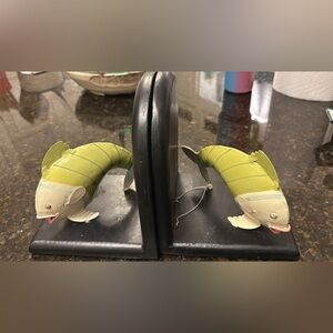 Vintage metal fish and wood Bookends